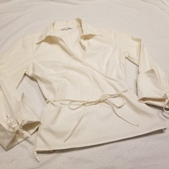 White Cotton Wrap Top Collared Tie Long Sleeves Preppy Blouse Medium Smart Set - Picture 2 of 15